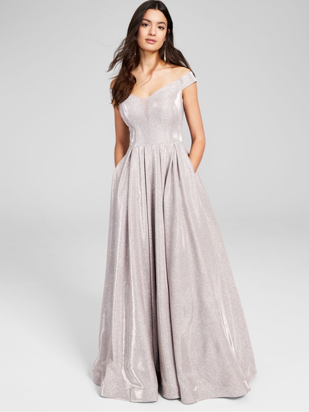 Gorgeous flattering DRESS OFF SHOULDER PINK GLITTER GOWN POCKETS FULL SKIRT SIZE